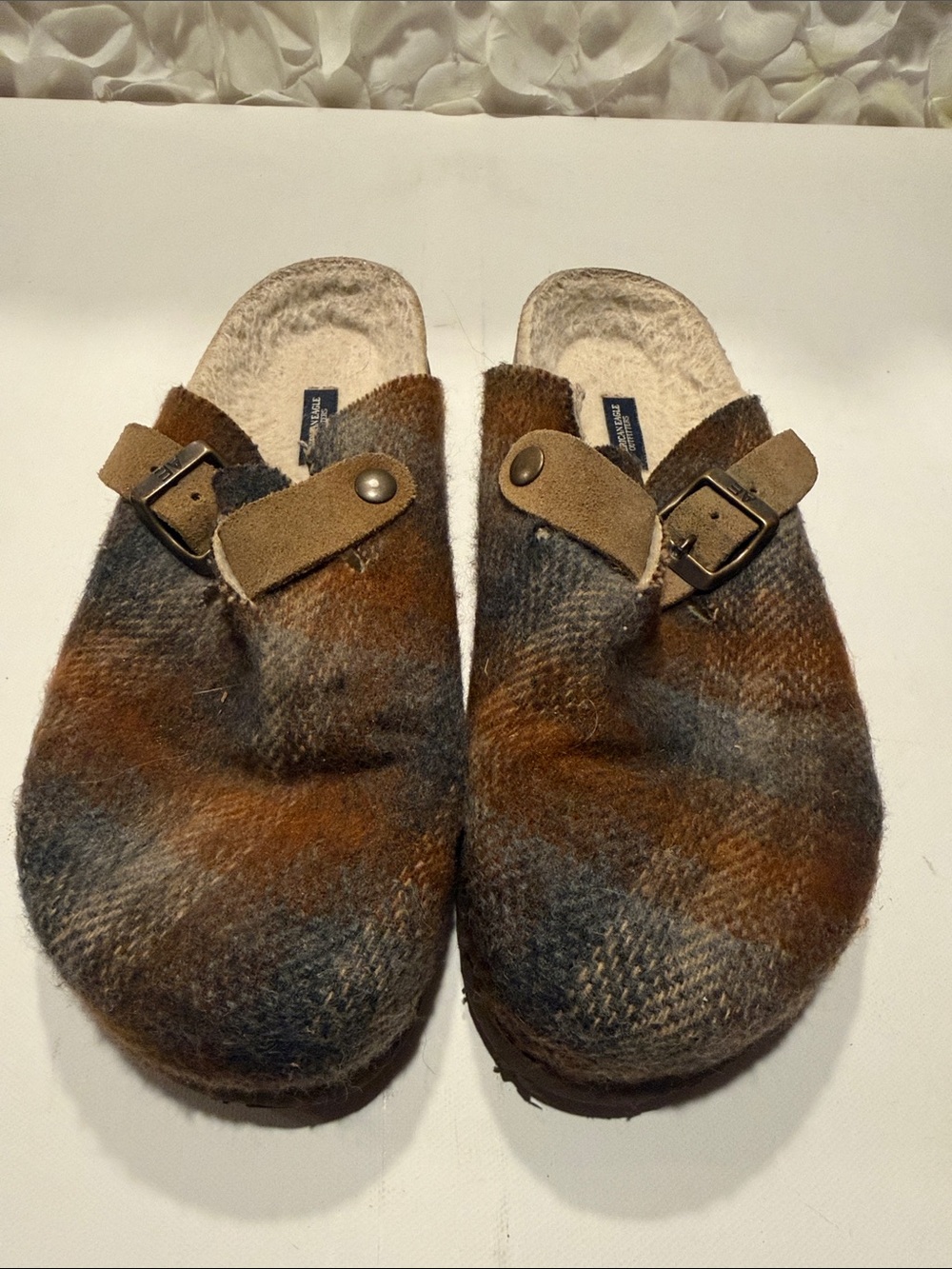 American Eagle Outfitters Brown and Gray Wool Slip-On Clogs with Buckle
